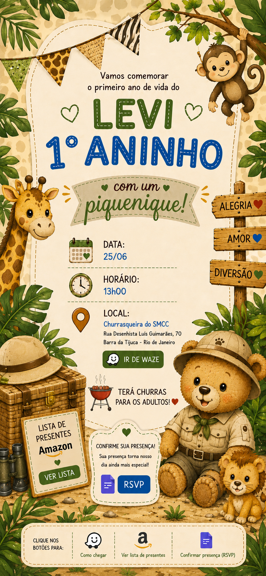 Convite: Vamos comemorar o primeiro ano de vida do Levi. 1º aninho com um piquenique. Data: 25/06. Horário: 13h00. Local: Churrasqueira do SMCC, Rua Desenhista Luís Guimarães, 70, Barra da Tijuca, Rio de Janeiro. Terá churras para os adultos. Confirme sua presença.